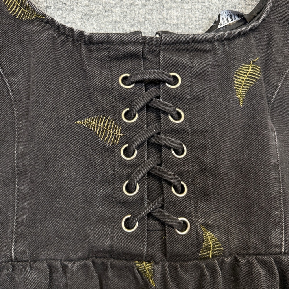 Disturbia Sz 16 Midi Pinafore Dress Black Cotton Blend Osmunda Fern Embroidered - Picture 5 of 12